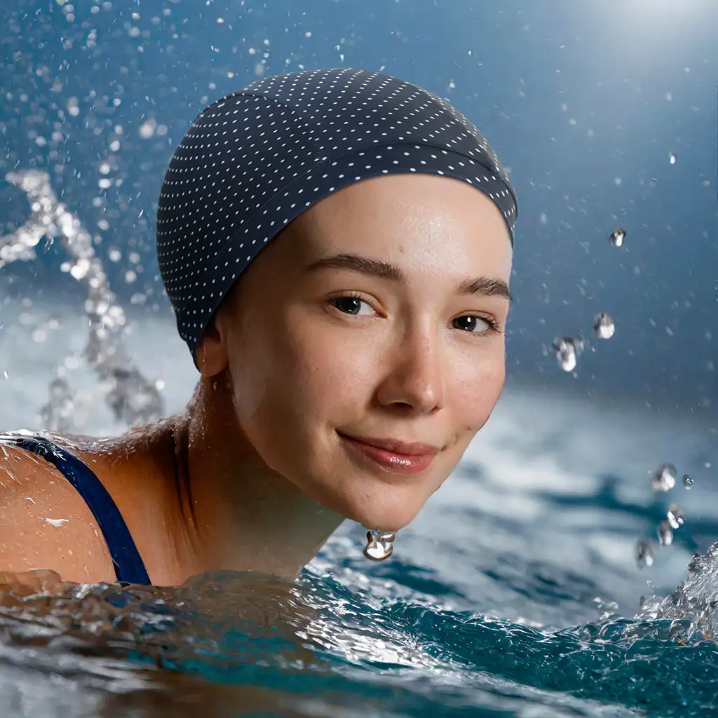 Bonnet de bain femme petits pois bleu marine en lycra